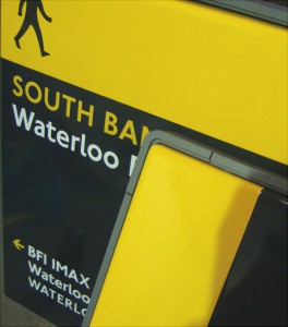 close up of a vitreous enamel wayfinding sign.