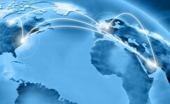 view of countries on a globe with white lines connecting future systems locations.