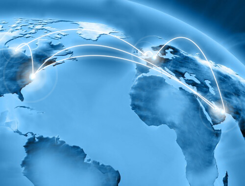 view of countries on a globe with white lines connecting future systems locations.
