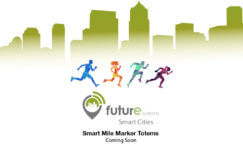 Advertisement image for the Smart Mile City Totems with an outline of a city skyline and people running.
